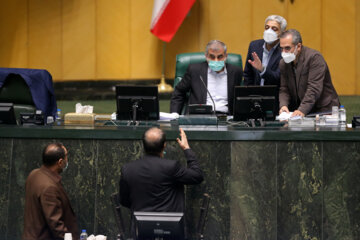 « محمدرضا حاج بابایی » نماینده مردم همدان در حال گفت گو با «علی نیک زاد» نایب رئیس و نماینده مردم اردبیل مجلس شورای اسلامی 