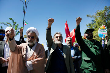 IRNA-La marche de la Journée mondiale du Qods s'est tenue ce vendredi 14 avril 2023 à Semnan au centre au dernier vendredi du Ramadan avec la présence du peuple en jeun et anti-arrogant de l'Iran islamique et en guise du soutien au peuple opprimé et puissant de Palestine. (Photo : Ali Abak)