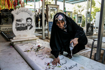 Desempolvado de las tumbas de los mártires en el cementerio de Behesht-e Zahra en Teherán
