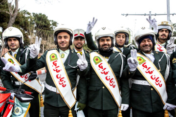 Motorcycle riders with the Iranian Armed Forces parade on Thursday, February 1, 2024 to mark the 45th anniversary of the return from exile of Imam Khomeini, the late founder of the Islamic Republic, ten days before the victory of the Islamic Revolution.