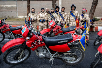 Motorcycle riders with the Iranian Armed Forces parade on Thursday, February 1, 2024 to mark the 45th anniversary of the return from exile of Imam Khomeini, the late founder of the Islamic Republic, ten days before the victory of the Islamic Revolution.