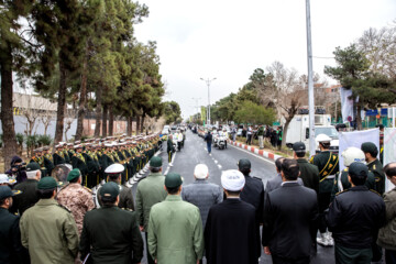 Motorcycle riders with the Iranian Armed Forces parade on Thursday, February 1, 2024 to mark the 45th anniversary of the return from exile of Imam Khomeini, the late founder of the Islamic Republic, ten days before the victory of the Islamic Revolution.