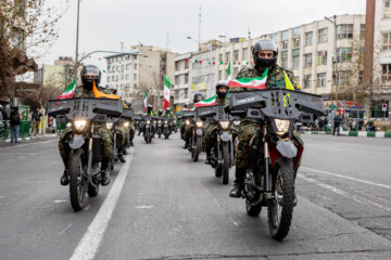 رژه موتور سواران در سالروز ورود امام خمینی (ره) به تهرانشMotorcycle riders with the Iranian Armed Forces parade on Thursday, February 1, 2024 to mark the 45th anniversary of the return from exile of Imam Khomeini, the late founder of the Islamic Republic, ten days before the victory of the Islamic Revolution.