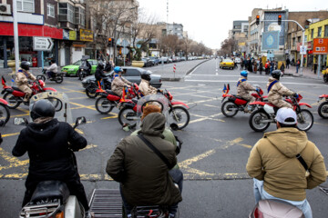 Motorcycle riders with the Iranian Armed Forces parade on Thursday, February 1, 2024 to mark the 45th anniversary of the return from exile of Imam Khomeini, the late founder of the Islamic Republic, ten days before the victory of the Islamic Revolution.