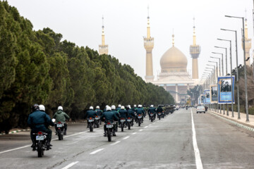 Motorcycle riders with the Iranian Armed Forces parade on Thursday, February 1, 2024 to mark the 45th anniversary of the return from exile of Imam Khomeini, the late founder of the Islamic Republic, ten days before the victory of the Islamic Revolution.