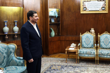محمد مخبر معاون اول رئیس جمهور قبل از دیدار با «اثیر داود سلمان» وزیر تجارت عراق .
