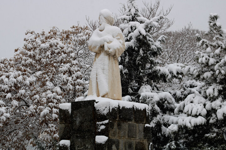 مجسمه حکیم بوعلی سینا در یک روز برفی