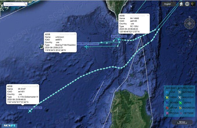 پرواز هواپیماهای آمریکا بر فراز دریای چین جنوبی