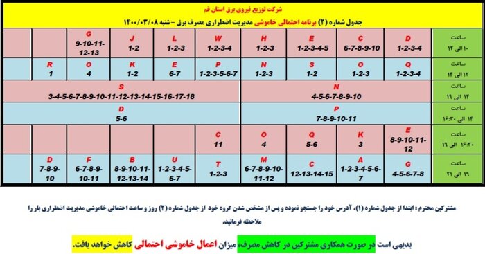 جدول خاموشی‌های احتمالی اضطراری قم/ ۸ خرداد ۱۴۰۰