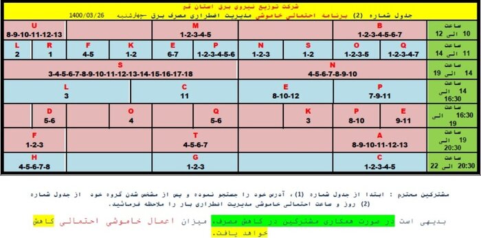 جدول خاموشی‌های احتمالی اضطراری در قم/ ۲۶ خرداد ۱۴۰۰