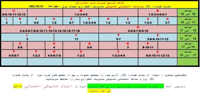 جدول خاموشی‌های احتمالی اضطراری در قم/ دوم تیر ۱۴۰۰