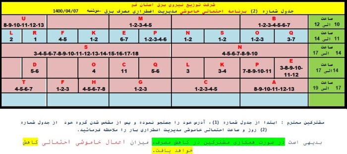 جدول خاموشی‌های احتمالی اضطراری در قم/ ۷ تیر ۱۴۰۰