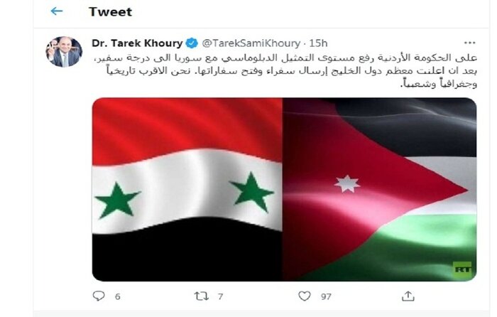نماینده مجلس اردن خواستار افزایش سطح روابط دیپلماتیک کشورش با دمشق شد