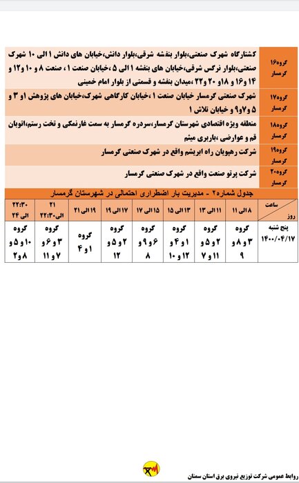 برنامه خاموشی احتمالی برق استان سمنان در پنجشنبه هفدهم تیر اعلام شد