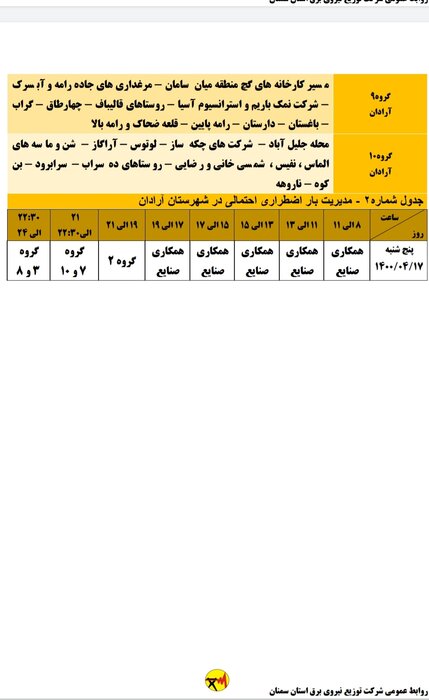 برنامه خاموشی احتمالی برق استان سمنان در پنجشنبه هفدهم تیر اعلام شد