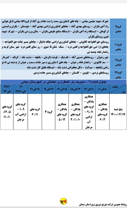 برنامه خاموشی احتمالی برق استان سمنان در پنجشنبه هفدهم تیر اعلام شد