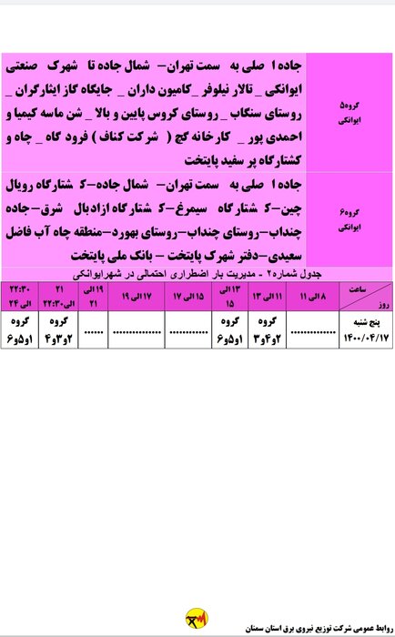 برنامه خاموشی احتمالی برق استان سمنان در پنجشنبه هفدهم تیر اعلام شد