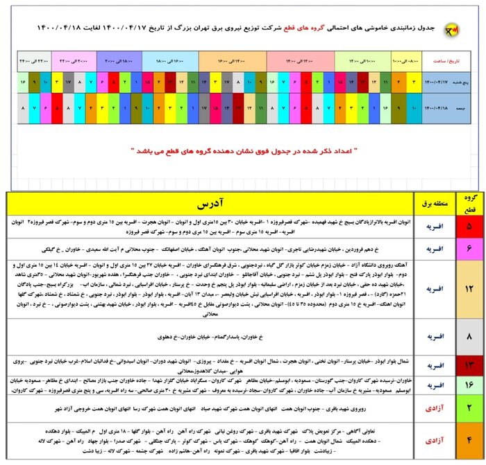 جدول خاموشی‌های احتمالی پایتخت و شهرستان‌های استان تهران منتشر شد 