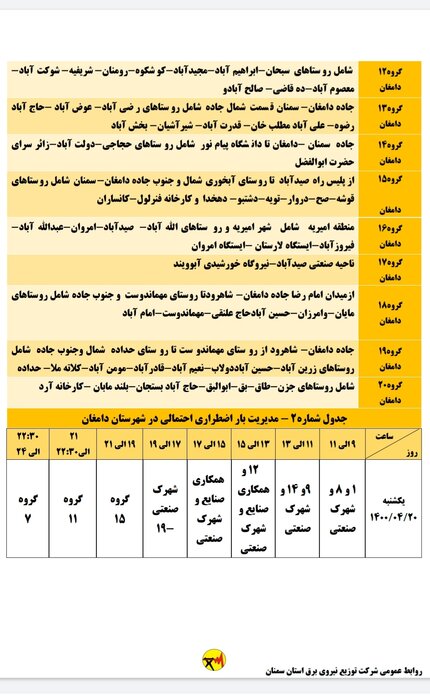 برنامه خاموشی احتمالی برق استان سمنان برای یکشنبه بیستم تیر اعلام شد