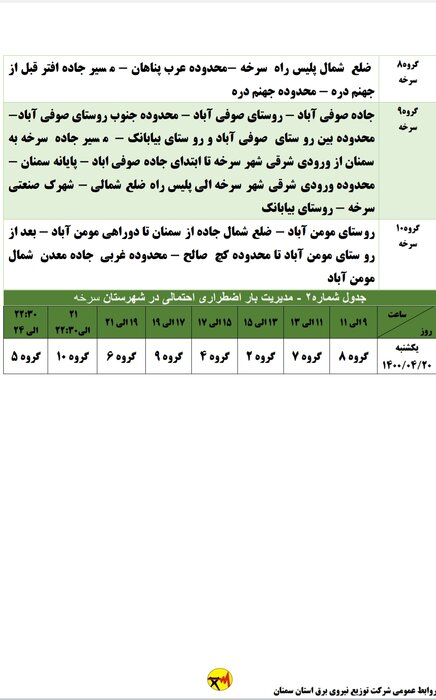 برنامه خاموشی احتمالی برق استان سمنان برای یکشنبه بیستم تیر اعلام شد