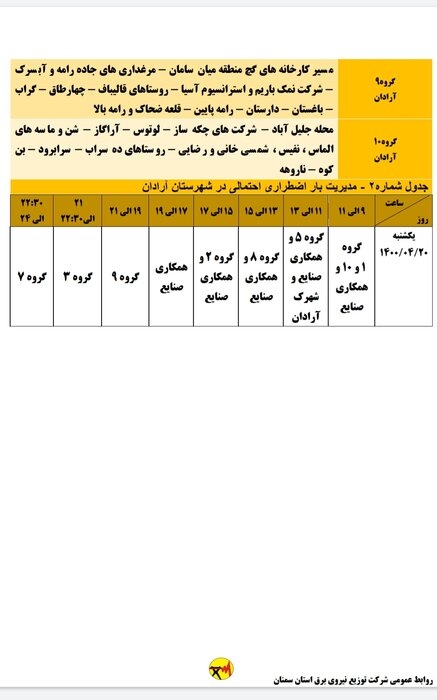 برنامه خاموشی احتمالی برق استان سمنان برای یکشنبه بیستم تیر اعلام شد