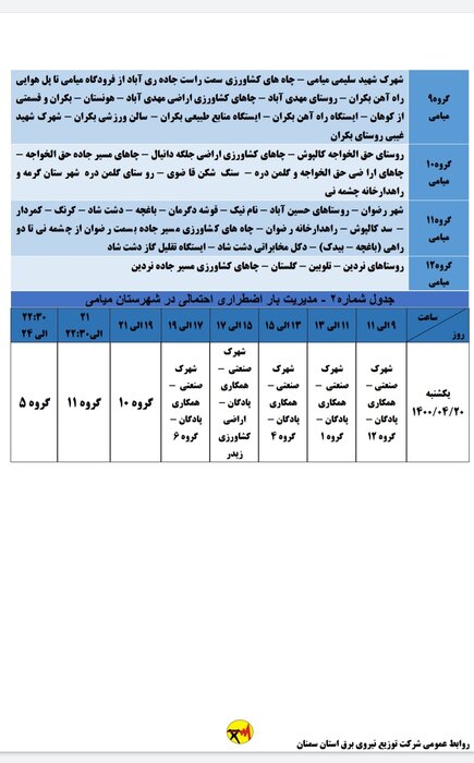 برنامه خاموشی احتمالی برق استان سمنان برای یکشنبه بیستم تیر اعلام شد