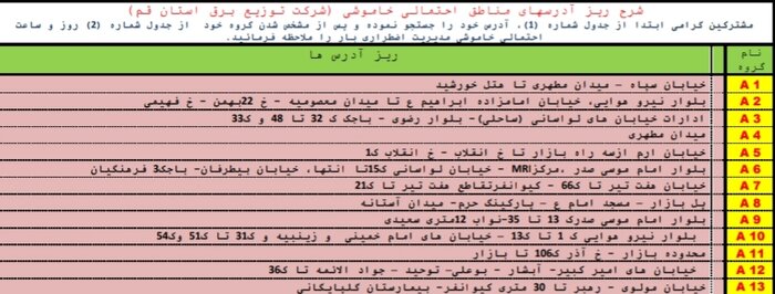 جدول خاموشی‌های اضطراری در قم/ ۲۰ تیرماه