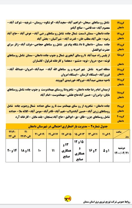 برنامه خاموشی احتمالی برق استان سمنان برای دوشنبه بیست و یکم تیر