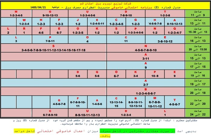 جدول خاموشی‌های اضطراری در قم / ۲۱ تیرماه