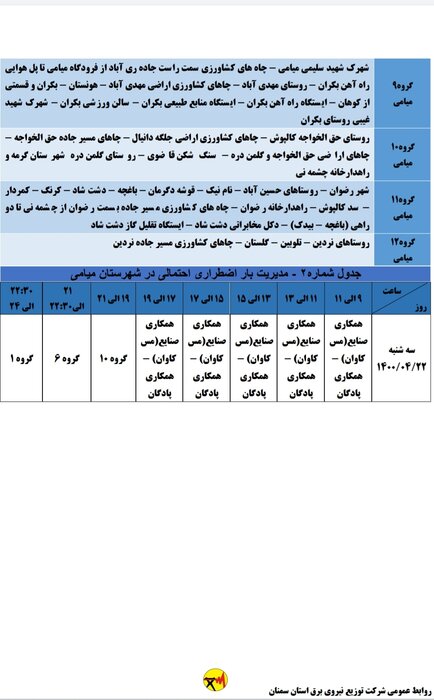 برنامه خاموشی احتمالی برق استان سمنان برای دوشنبه بیست و دوم تیر