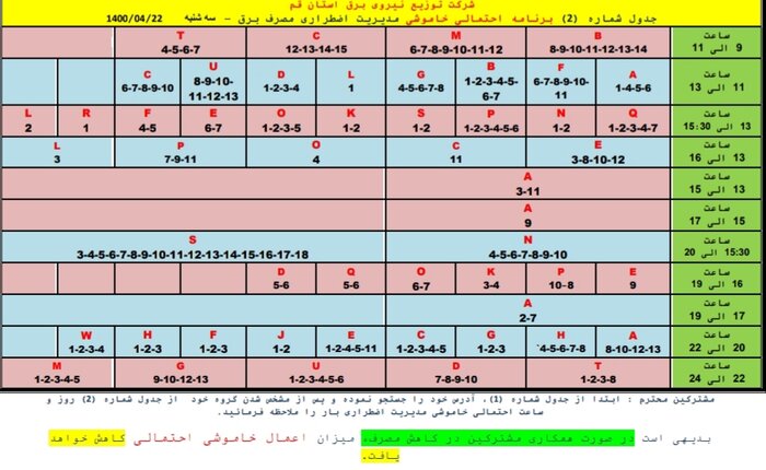 جدول خاموشی‌های اضطراری در قم/۲۲ تیرماه