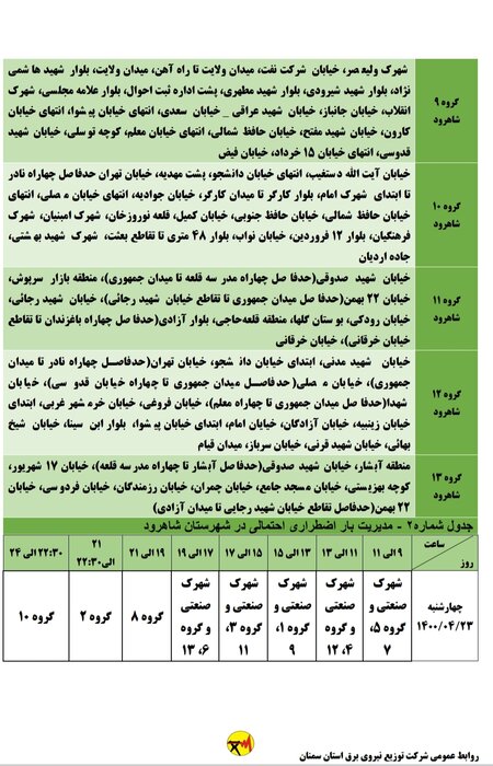 برنامه خاموشی احتمالی برق استان سمنان در چهارشنبه ۲۳ تیر