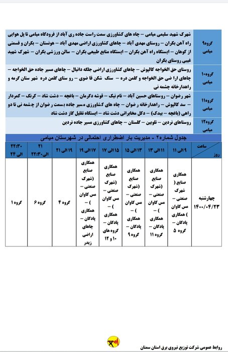 برنامه خاموشی احتمالی برق استان سمنان در چهارشنبه ۲۳ تیر