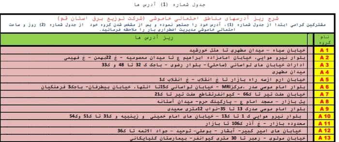 جدول خاموشی‌های احتمال در قم/۲۴ تیرماه