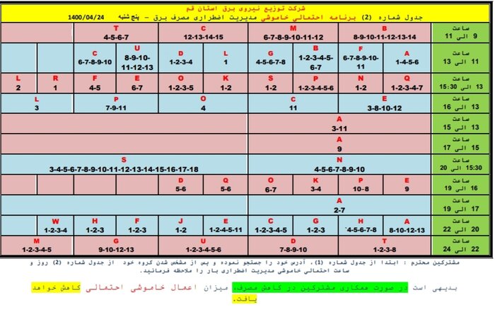 جدول خاموشی‌های احتمال در قم/۲۴ تیرماه