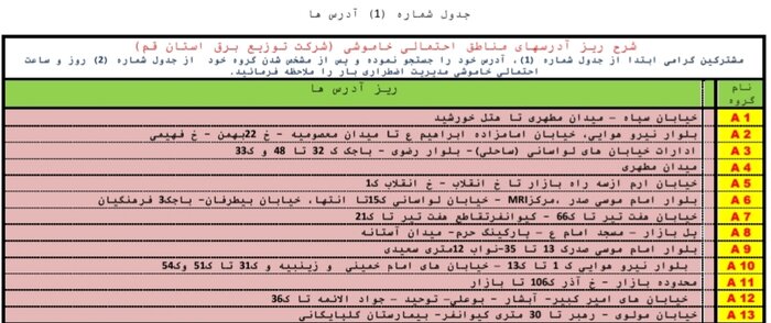 جدول خاموشی‌های اضطراری قم/۲۷ تیرماه