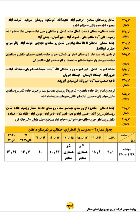 برنامه خاموشی احتمالی برق استان سمنان در دوشنبه ۲۸ تیر