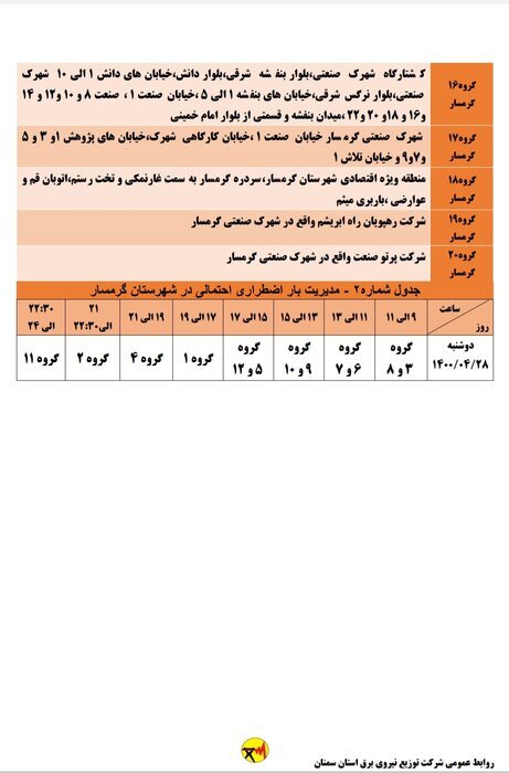 برنامه خاموشی احتمالی برق استان سمنان در دوشنبه ۲۸ تیر