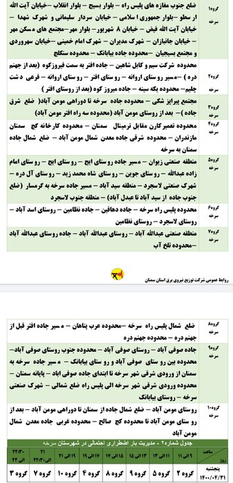 برنامه خاموشی احتمالی برق استان سمنان در ۳۱ تیرماه اعلام شد