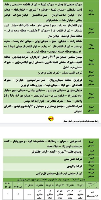 برنامه خاموشی احتمالی برق استان سمنان در شنبه ۲ مرداد اعلام شد