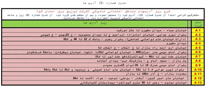 جدول خاموشی‌های اضطراری قم / ۲ مردادماه