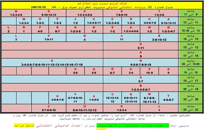جدول خاموشی‌های اضطراری قم / ۲ مردادماه