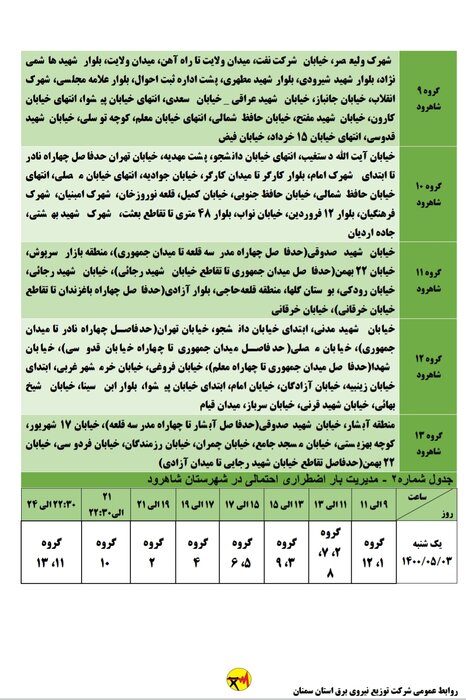 برنامه خاموشی احتمالی برق استان سمنان در یکشنبه سوم مرداد