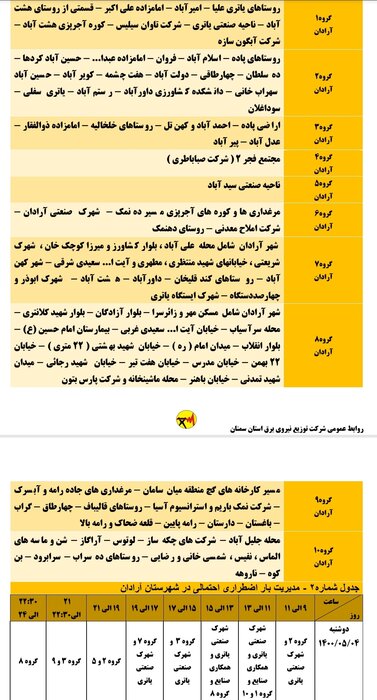 برنامه خاموشی احتمالی برق استان سمنان در دوشنبه چهارم مردادماه