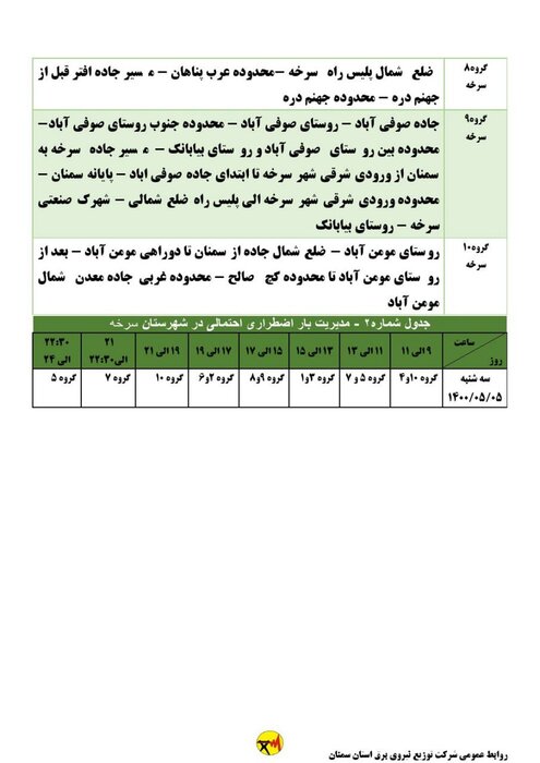 برنامه خاموشی احتمالی برق استان سمنان در سه‌شنبه پنجم مردادماه 