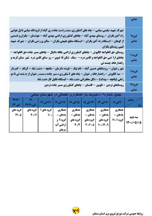 برنامه خاموشی احتمالی برق استان سمنان در سه‌شنبه پنجم مردادماه 