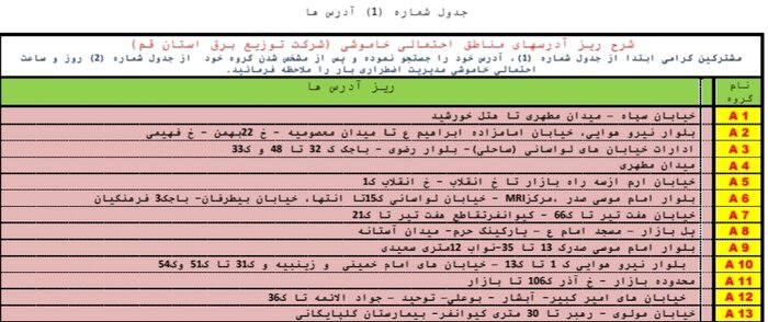 جدول خاموشی‌های اضطراری قم / ۵ مردادماه