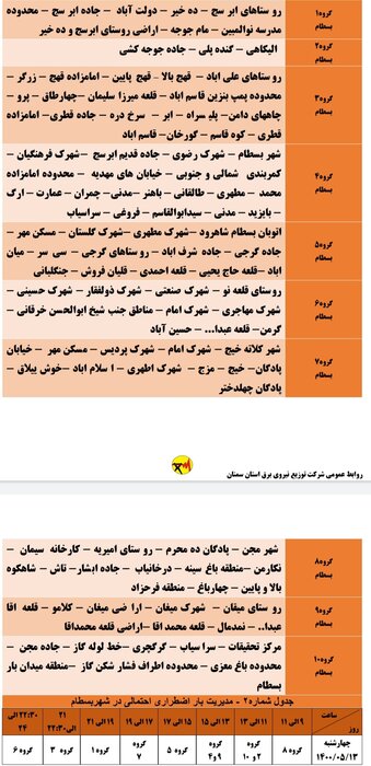 برنامه خاموشی احتمالی برق استان سمنان برای چهارشنبه ۱۳ مرداد اعلام شد