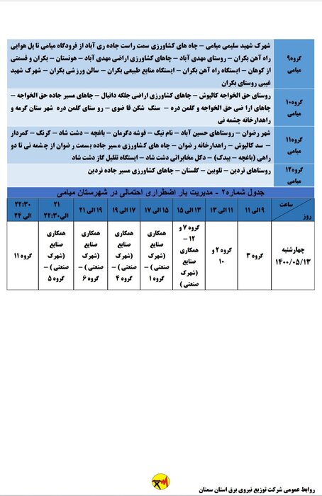 برنامه خاموشی احتمالی برق استان سمنان برای چهارشنبه ۱۳ مرداد اعلام شد