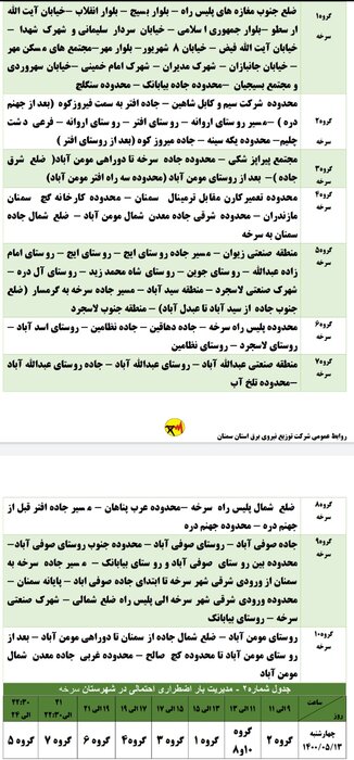 برنامه خاموشی احتمالی برق استان سمنان برای چهارشنبه ۱۳ مرداد اعلام شد